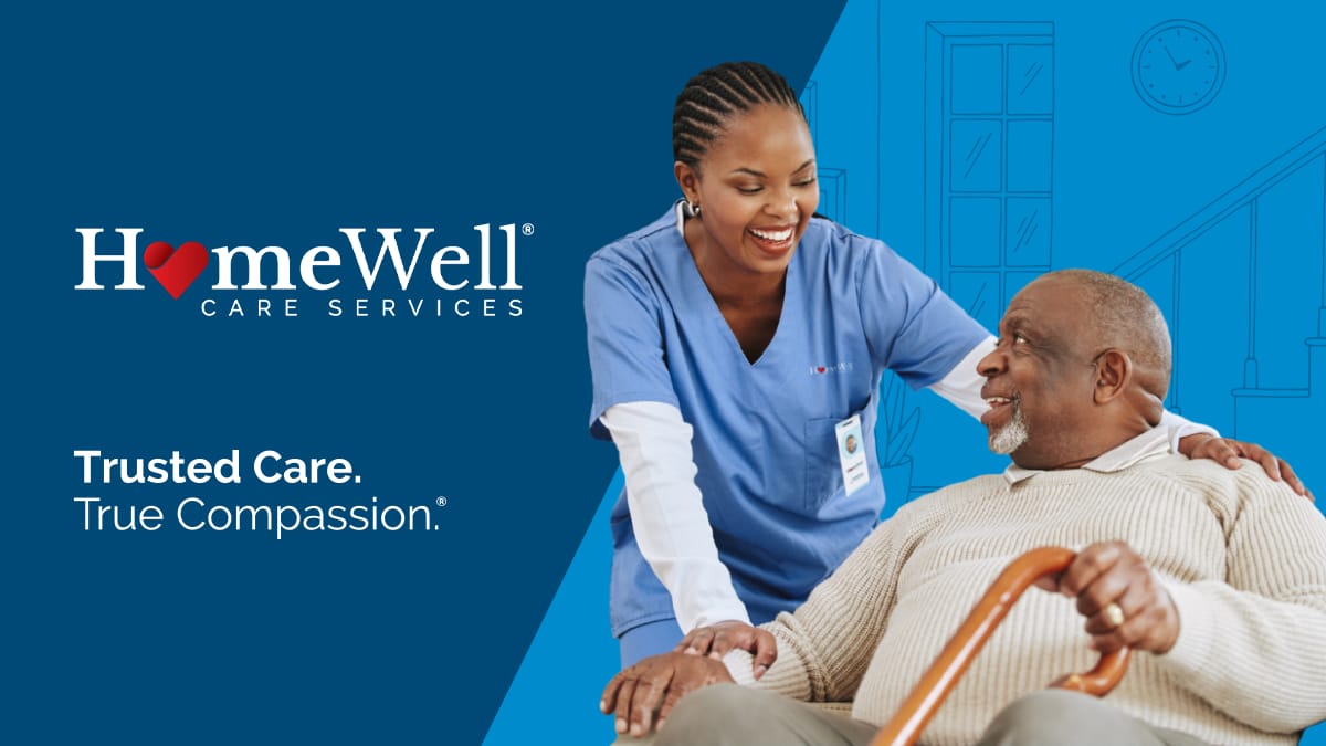 HomeWell Care Services logo with caregiver and resident