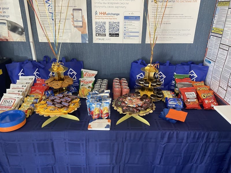 Table of snacks and drinks for an event.