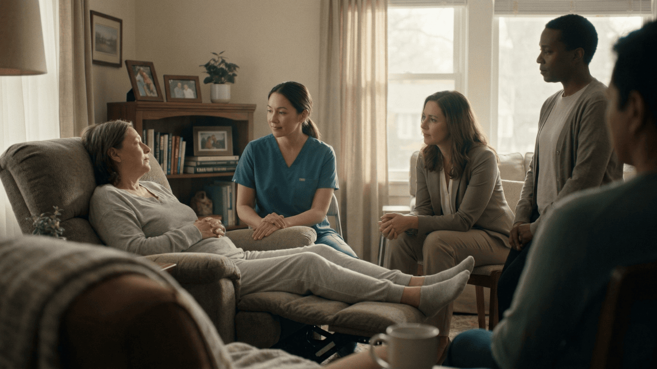Staff and residents engaged in a conversation.