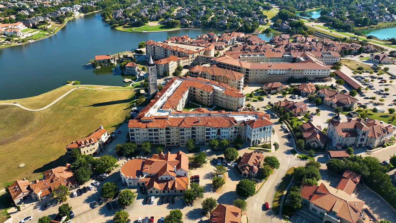 Aerial view of the assisted living facility and surrounding area