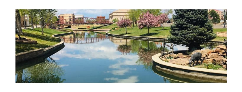 A serene park view with a calm pond and trees