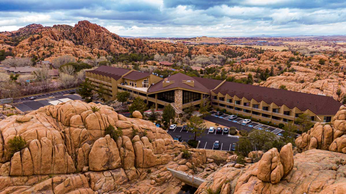 Aerial view of Granite Gate Senior Living surrounded by rocks