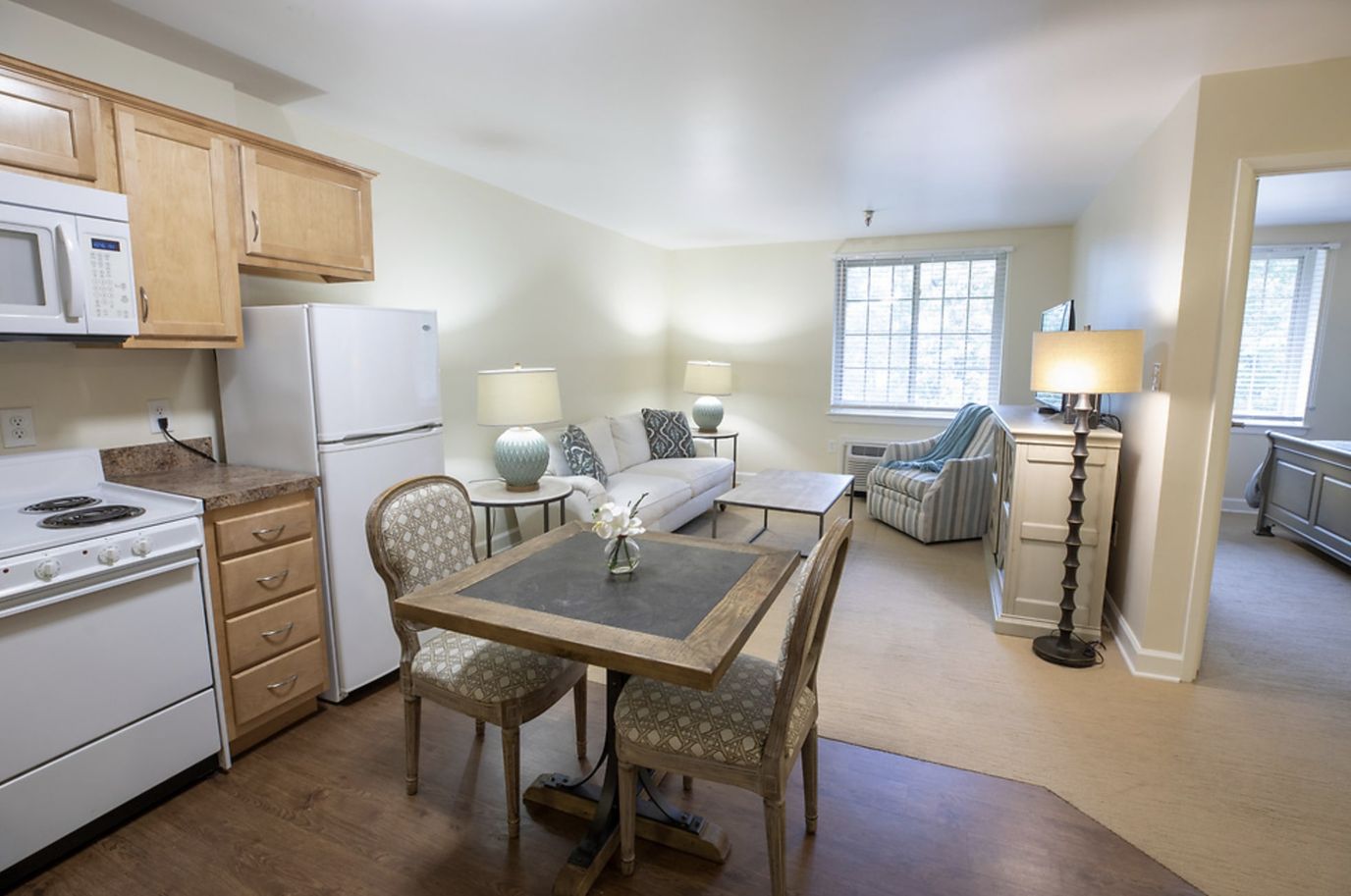 Bright living space with kitchen and furnishings