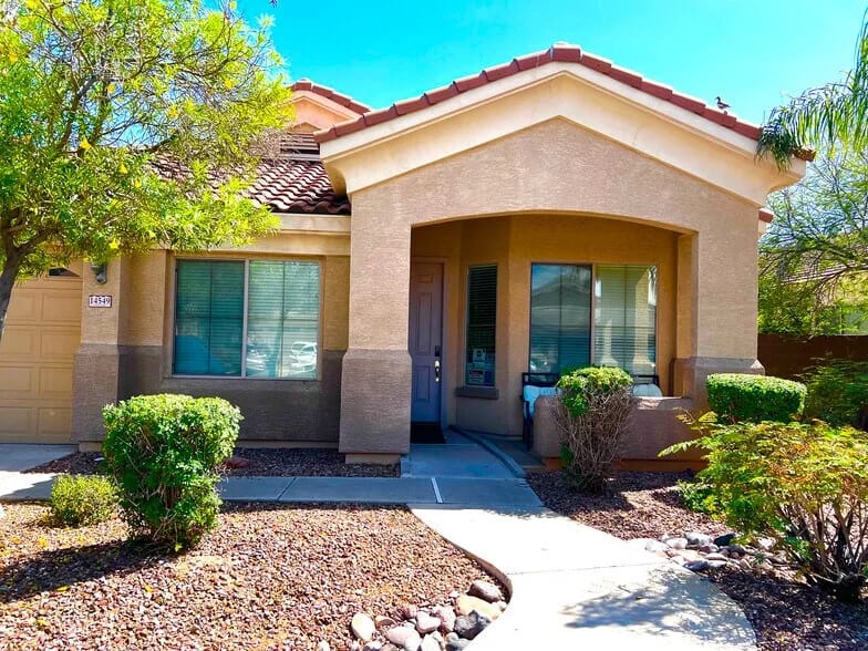 Exterior view of a single-story senior living home