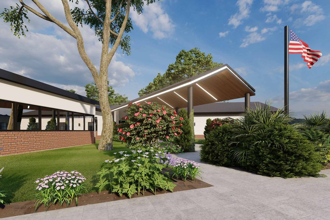 Exterior view of a senior living facility with gardens