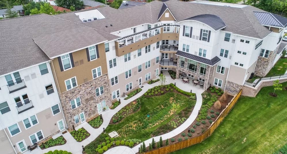Aerial view of the Anthology of Clayton facility with garden area