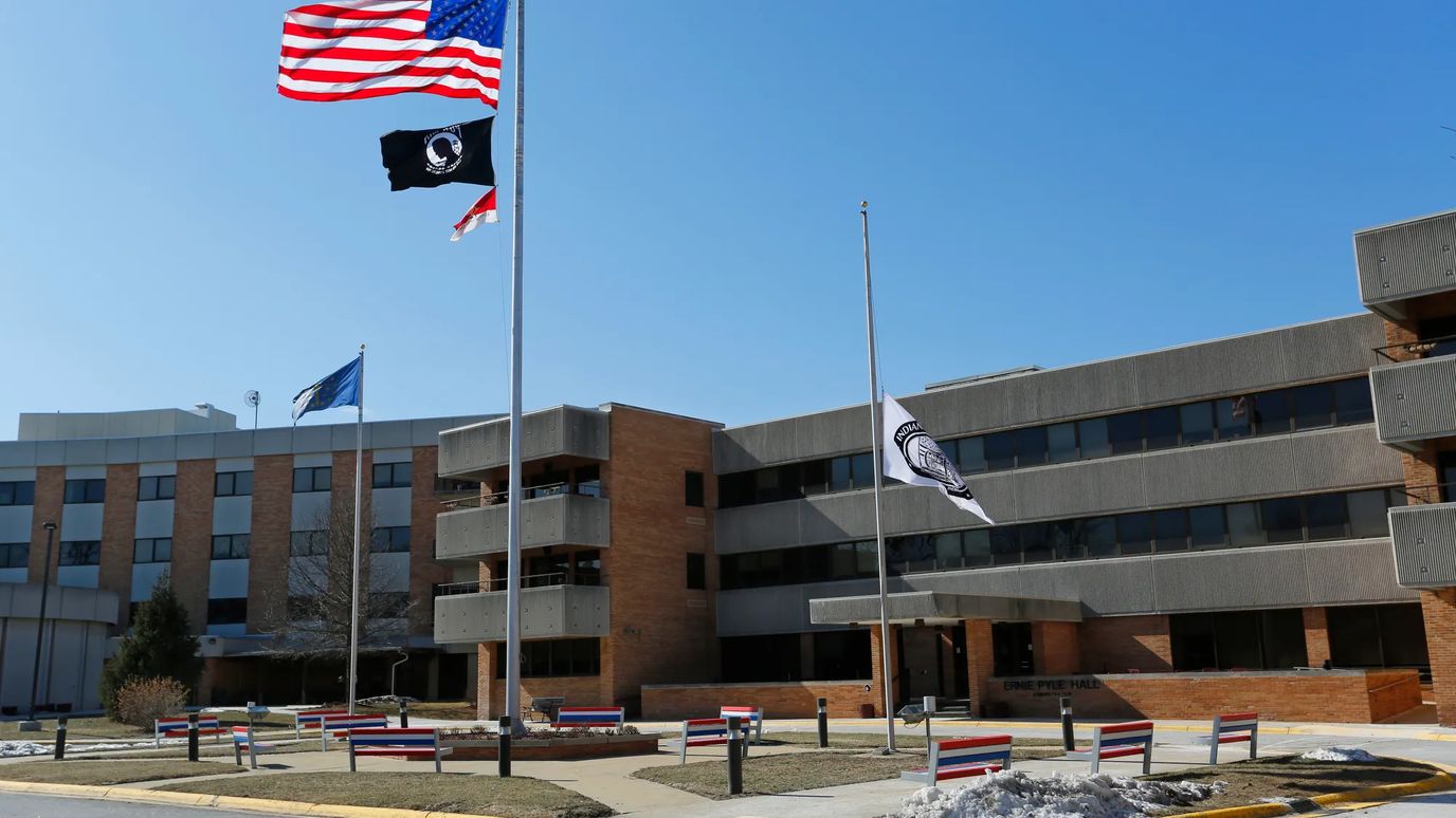 Exterior view of the Indiana Veterans' Home with flags