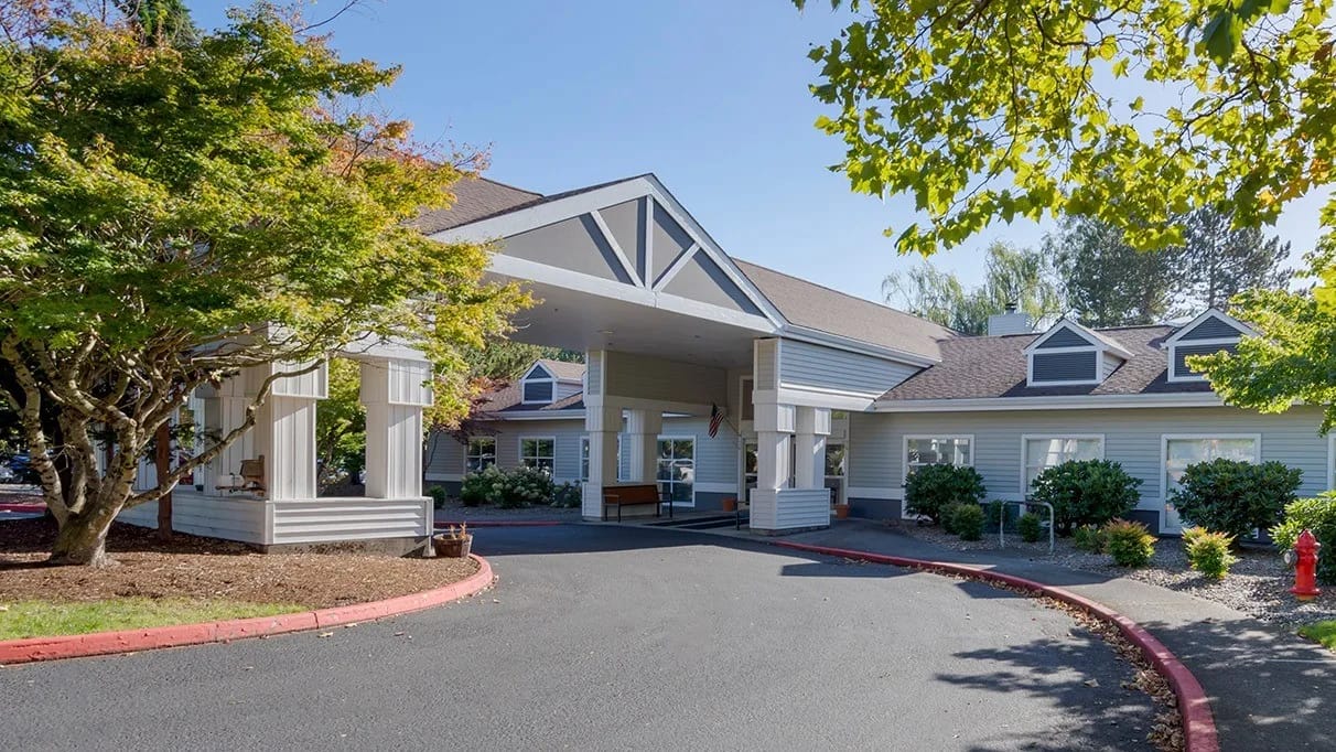 Exterior view of a senior living facility entrance