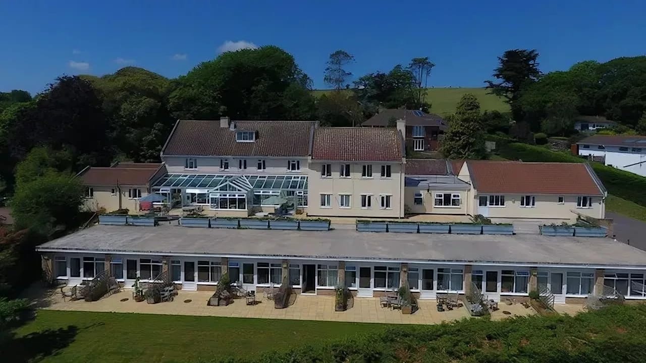 Aerial view of Dove Court Care Home building and surrounding landscape