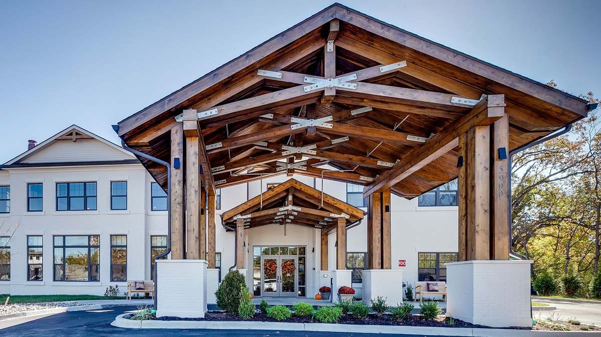 Entrance of Everlan of Louisville with wooden overhang