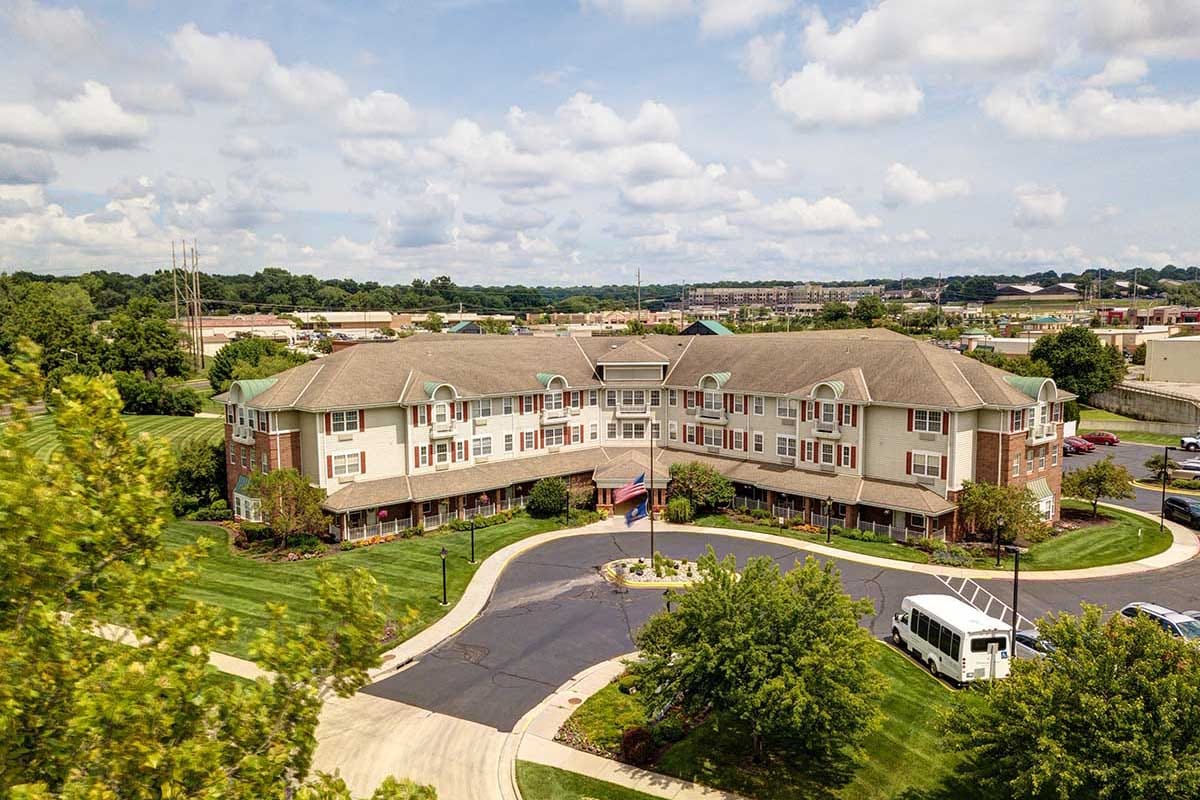 Aerial view of Pegasus Landing with landscaped grounds