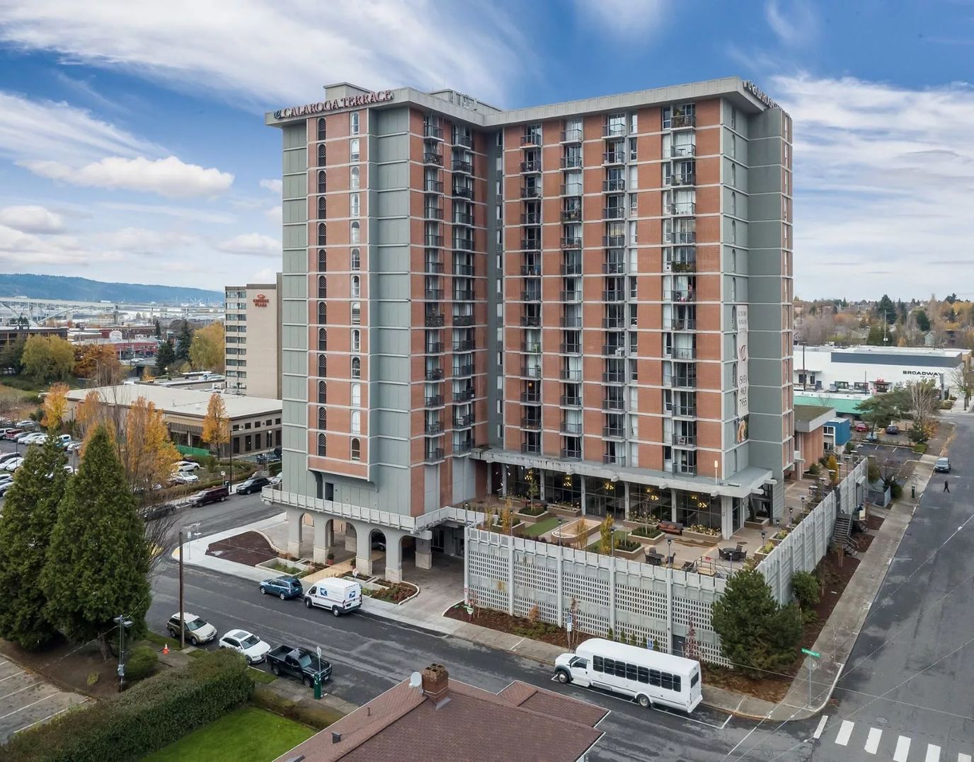 Aerial view of Calaroga Terrace building with outdoor space