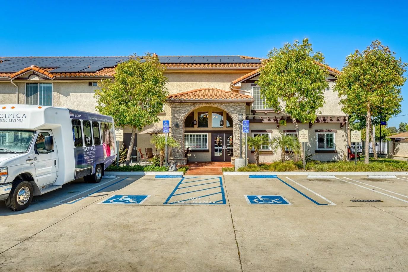 Building exterior with accessible parking and facility shuttle