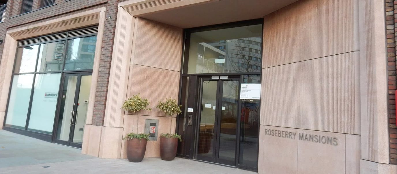 Front entrance of Roseberry Mansions with glass doors