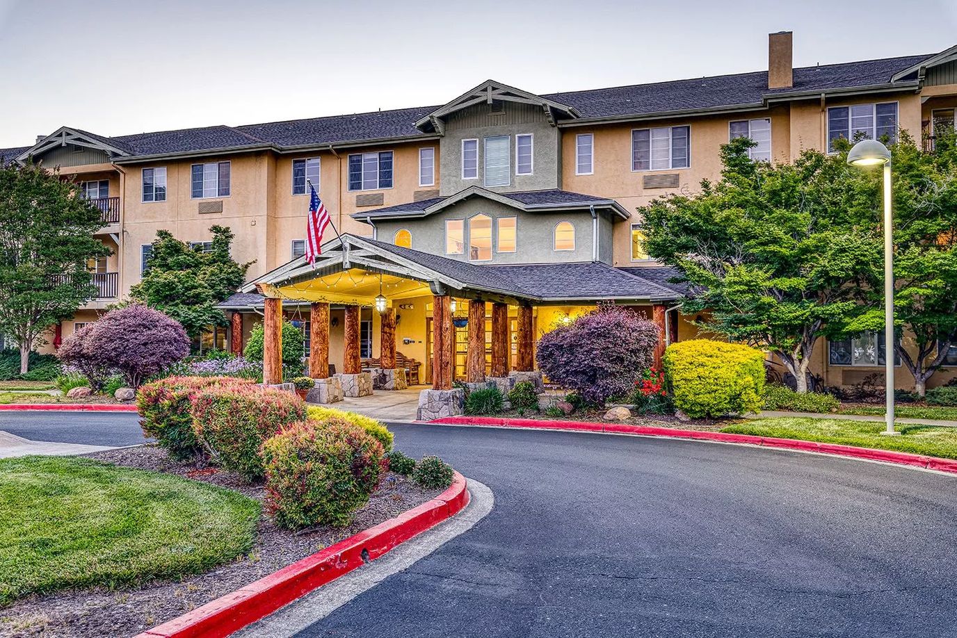Facade of Solstice Senior Living at Santa Rosa with gardens