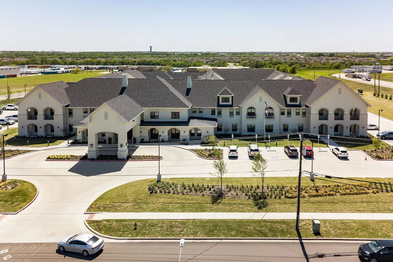 Aerial view of The Blake at Waco facility showing the building and parking