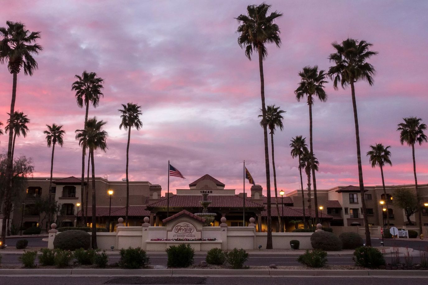 Exterior view of The Forum at Desert Harbor during sunset