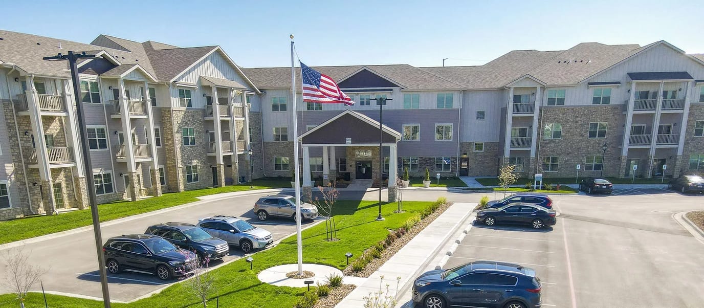 Aerial view of The Madison Senior Living facility exterior