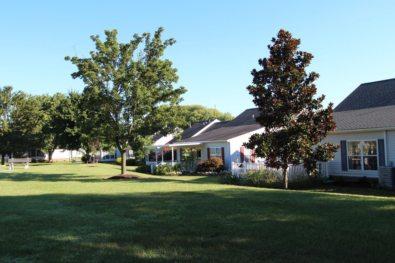 Outdoor space of a senior living facility with trees