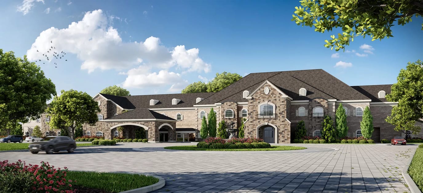 Exterior view of Worthington Manor with landscaping