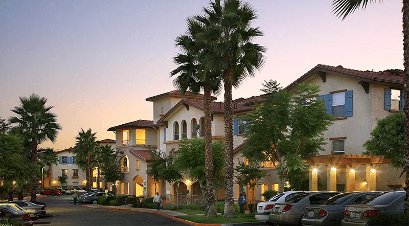 Exterior view of Serenity Villas at sunset