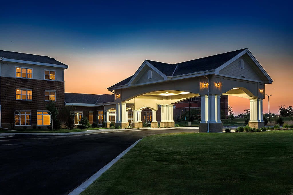 Exterior view of the Addison of Pleasant Prairie at dusk