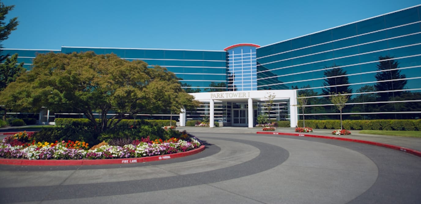 Exterior view of Park Tower I with landscaped entrance