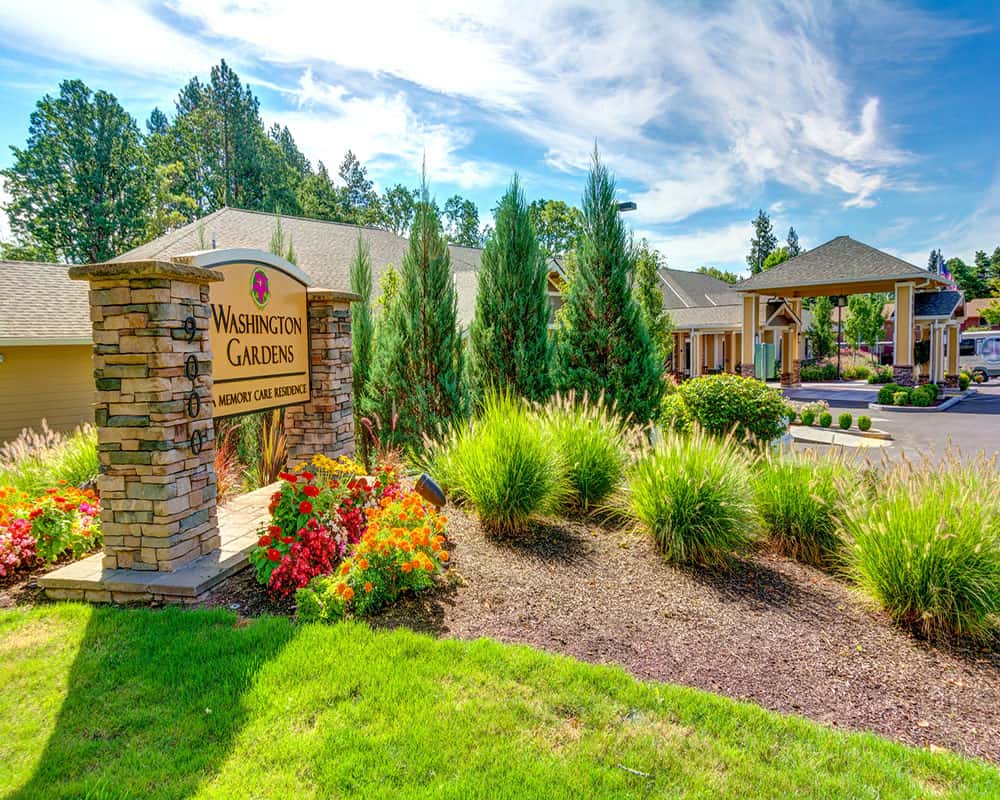 Entrance sign of Washington Gardens Memory Care facility
