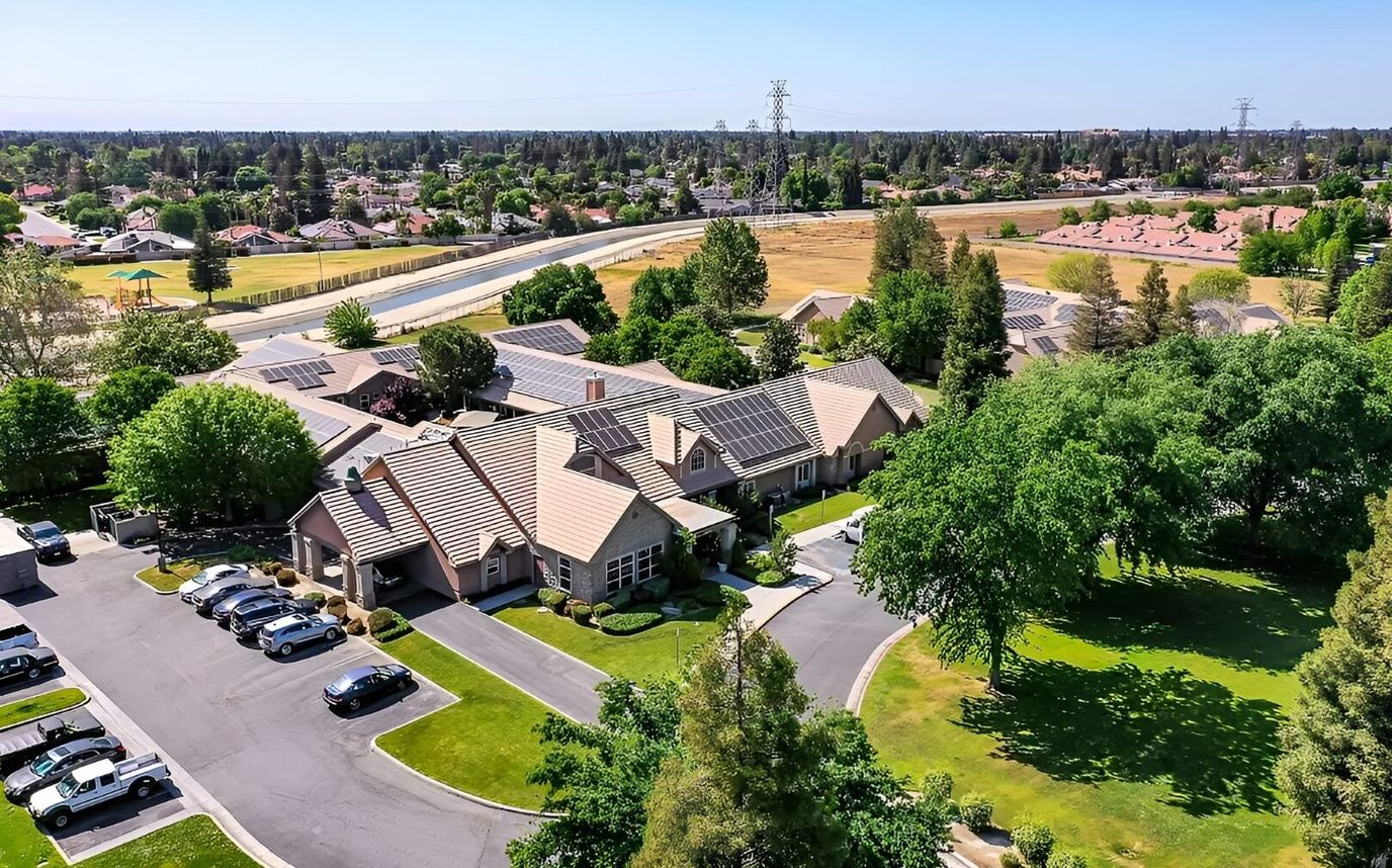Aerial view of the senior living facility and its grounds
