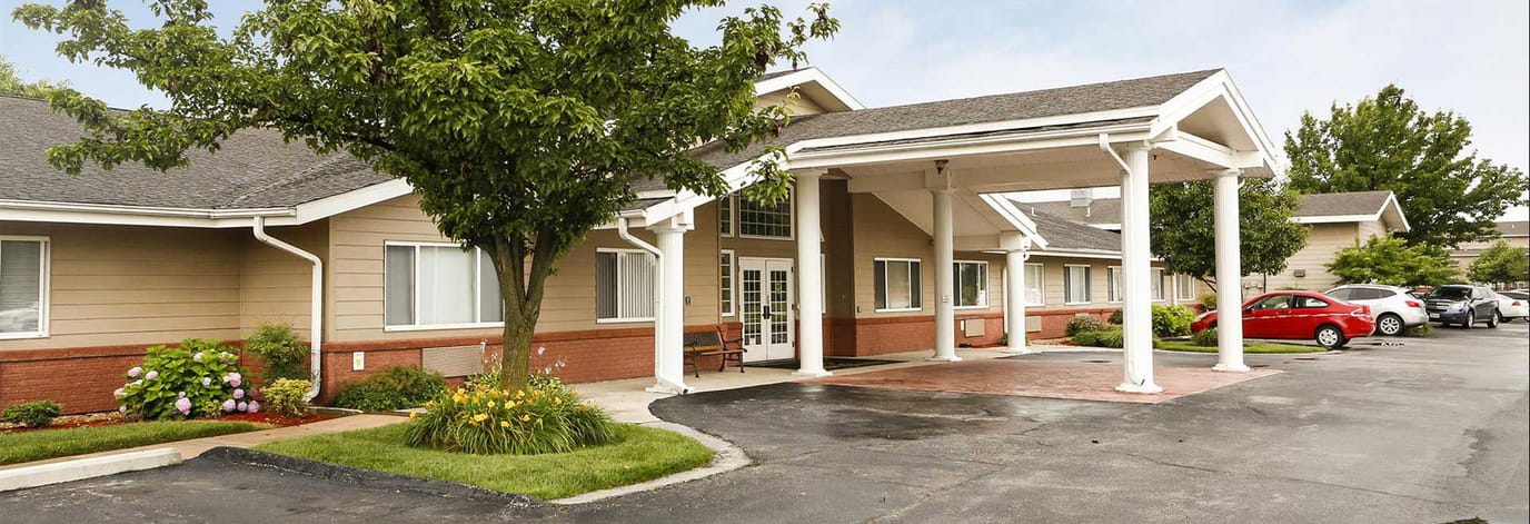 Exterior view of a senior living facility entrance