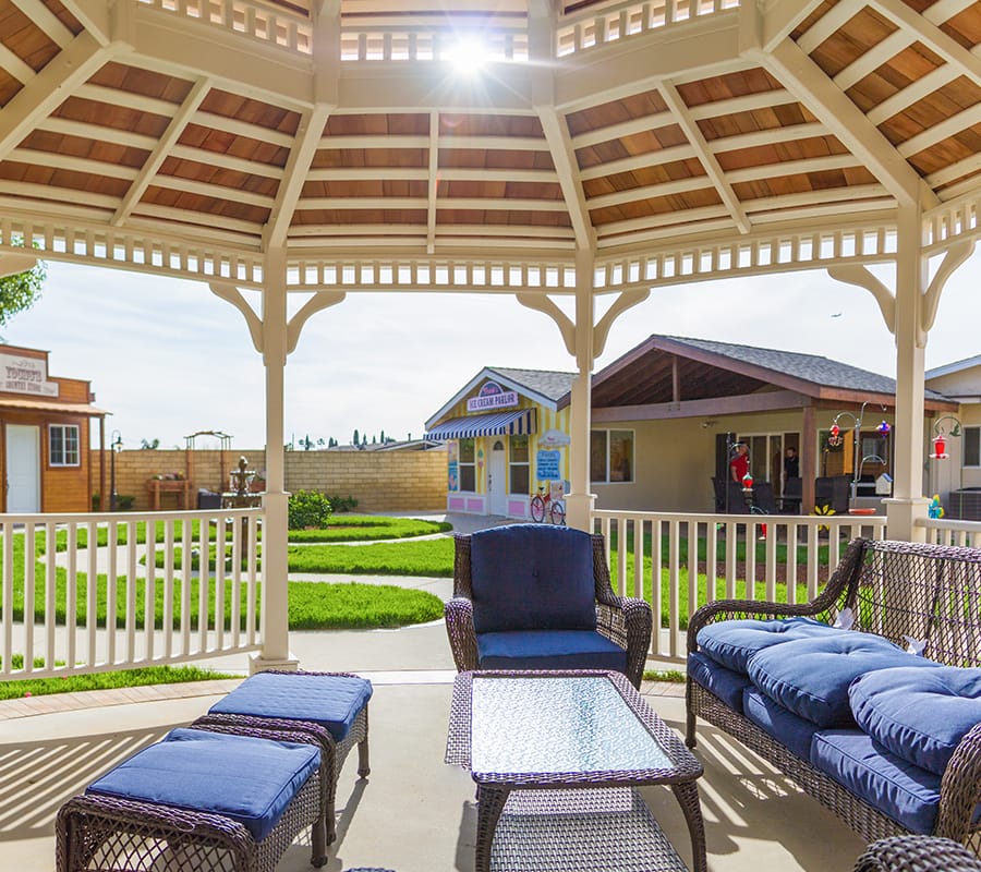 Outdoor gazebo seating area in a senior living facility