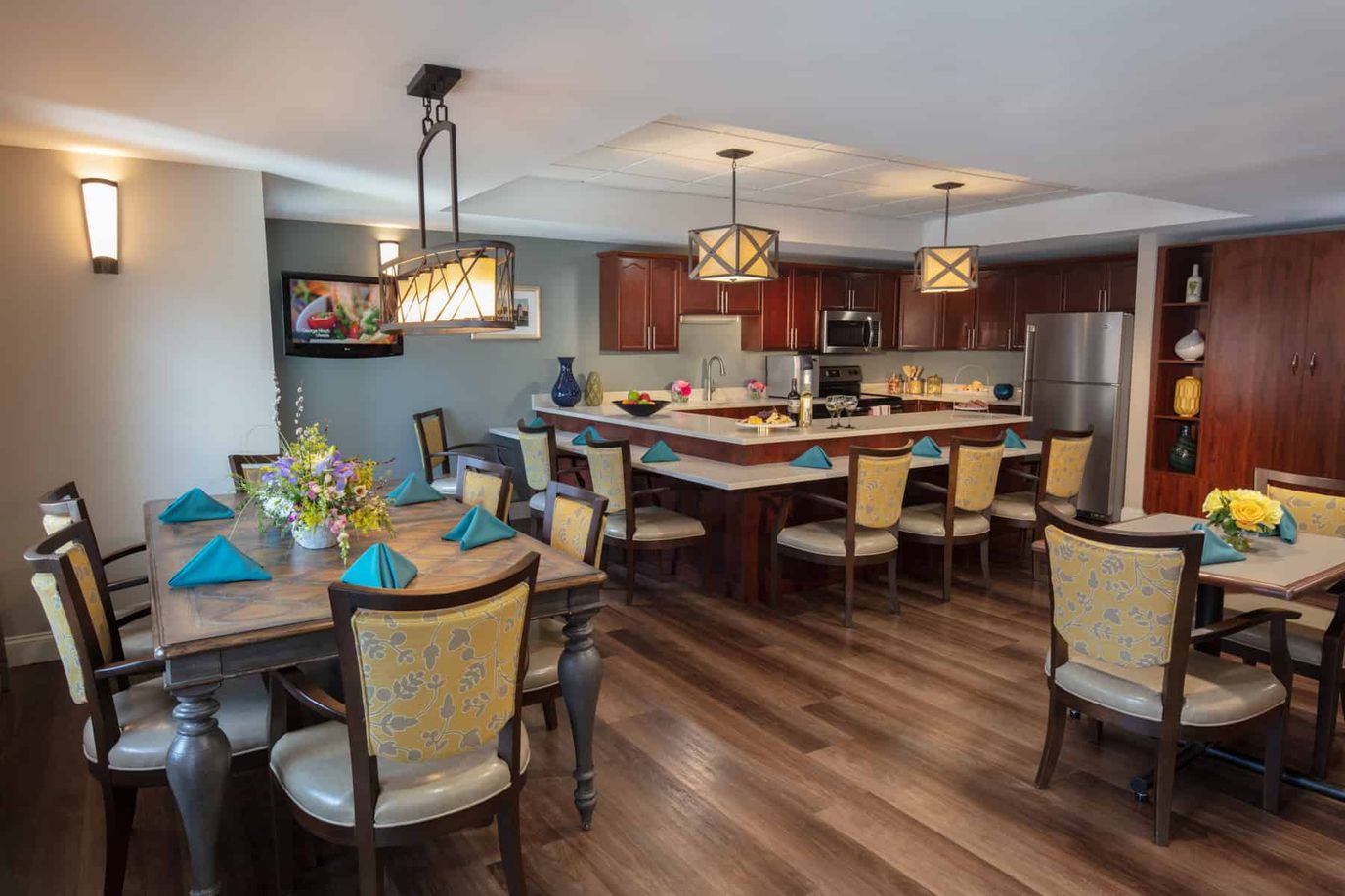 Bright dining room with tables set for a meal