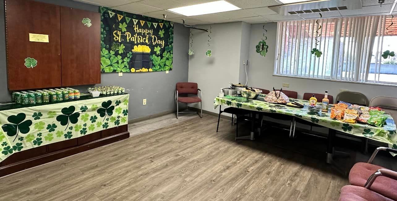 Activity room decorated for St. Patrick's Day celebration