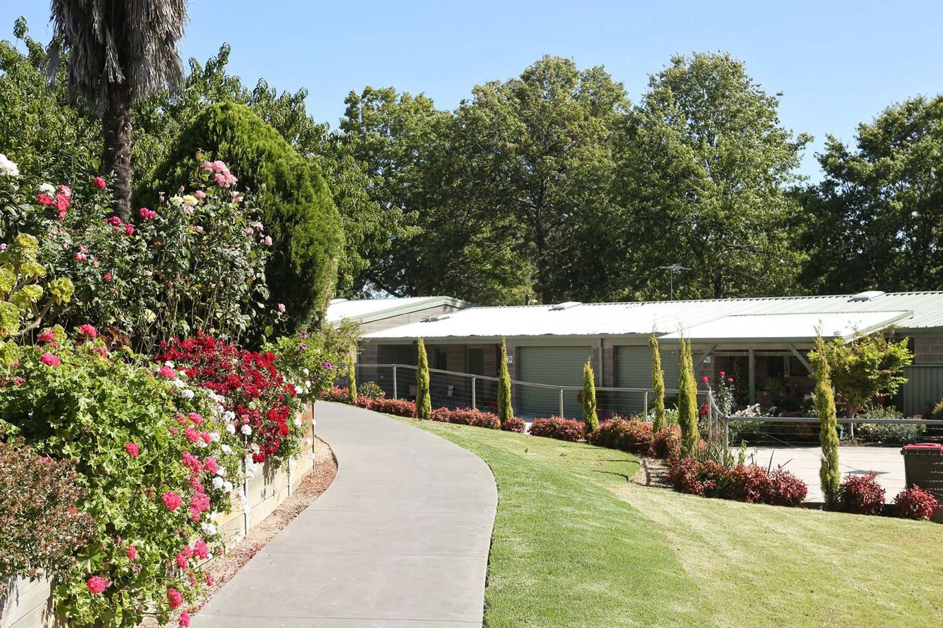 Pathway surrounded by flowers leading to a facility building