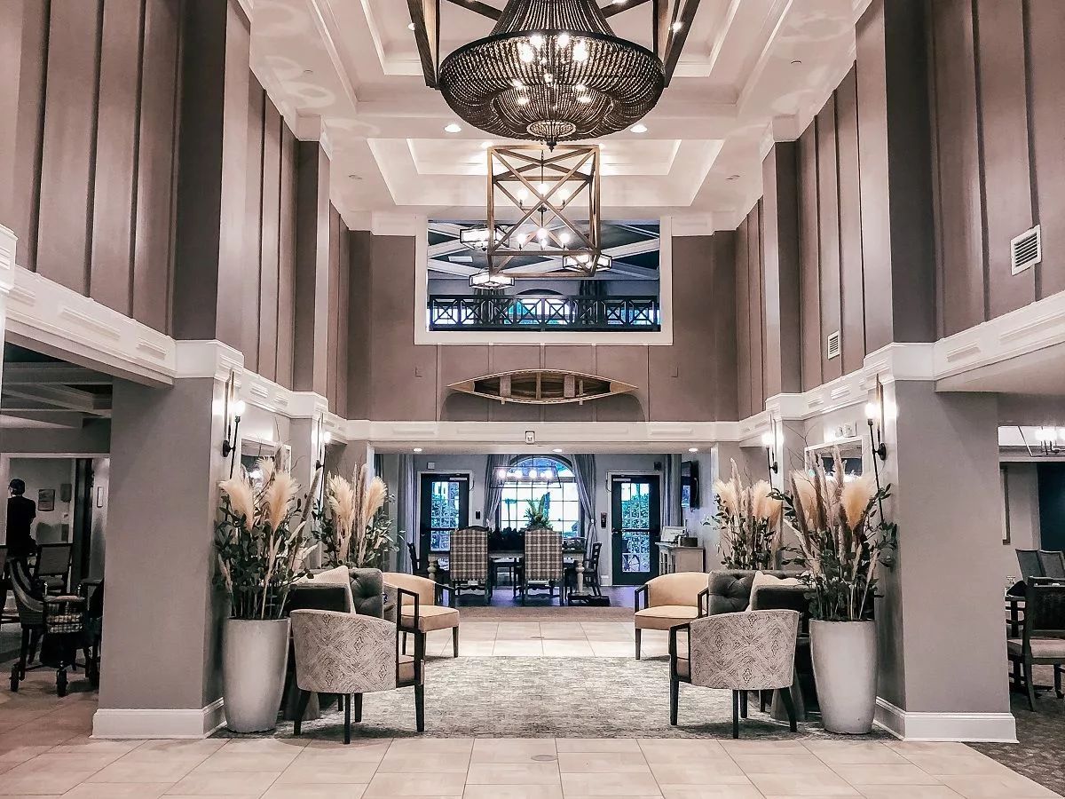 Bright and welcoming lobby in a senior living facility