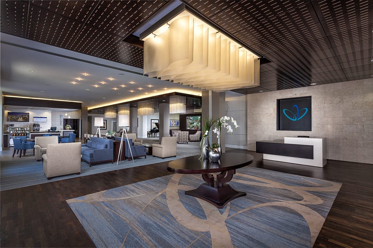 Interior view of a stylish lounge area with seating