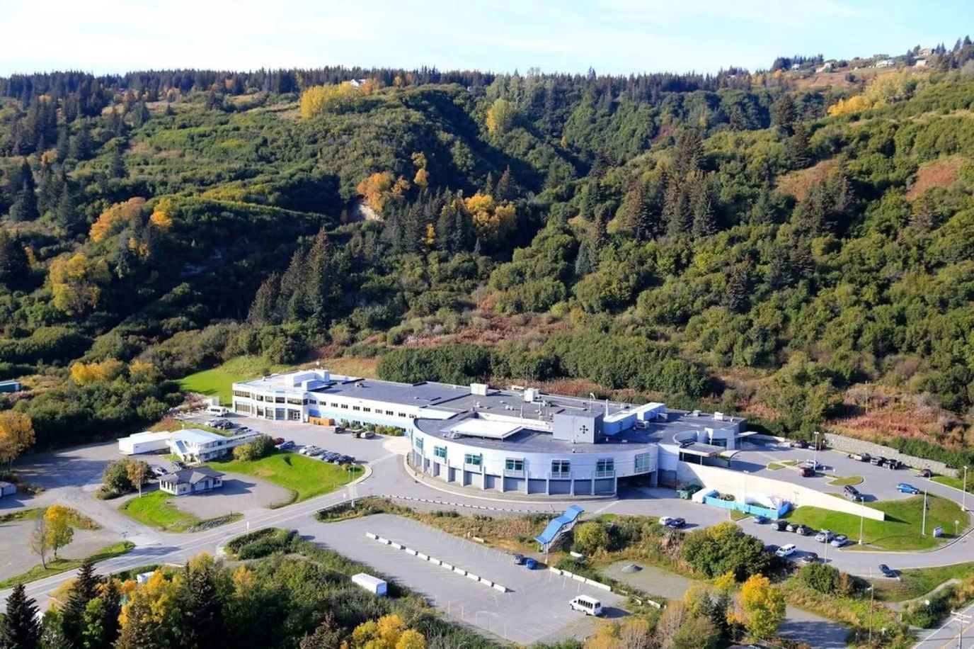 Aerial view of South Peninsula Hospital surrounded by nature