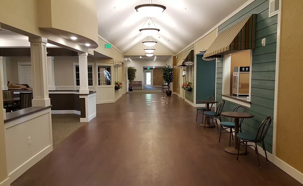 Bright interior hallway with seating areas