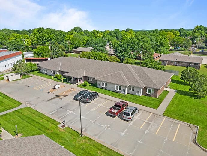 Aerial view of the Good Samaritan Society building and parking area