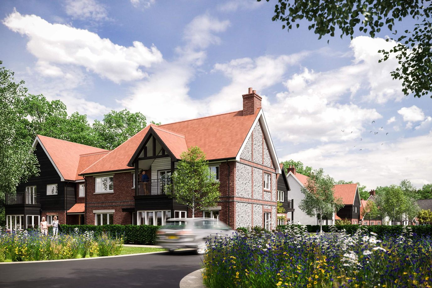 Exterior view of a senior living facility with gardens
