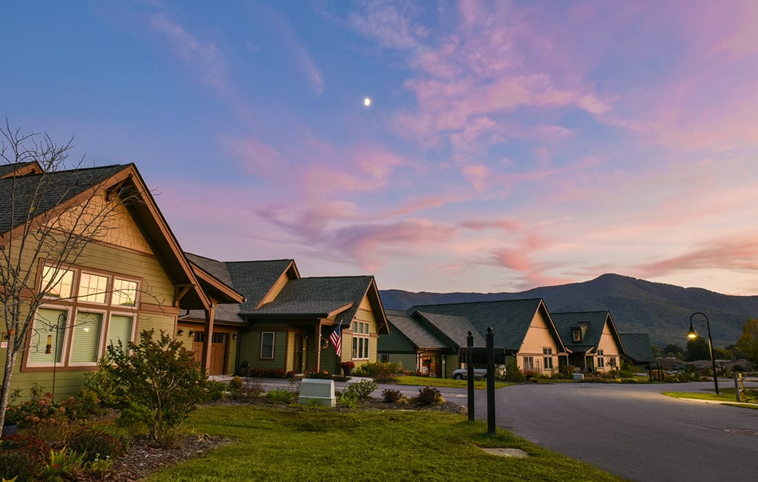 Exterior view of the facility at sunset