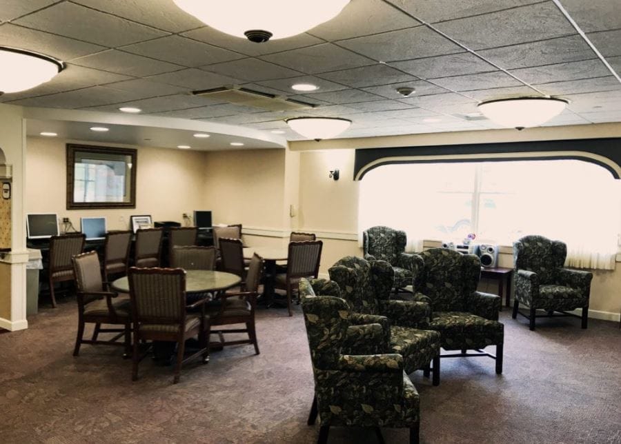 Common area with seating and computer stations