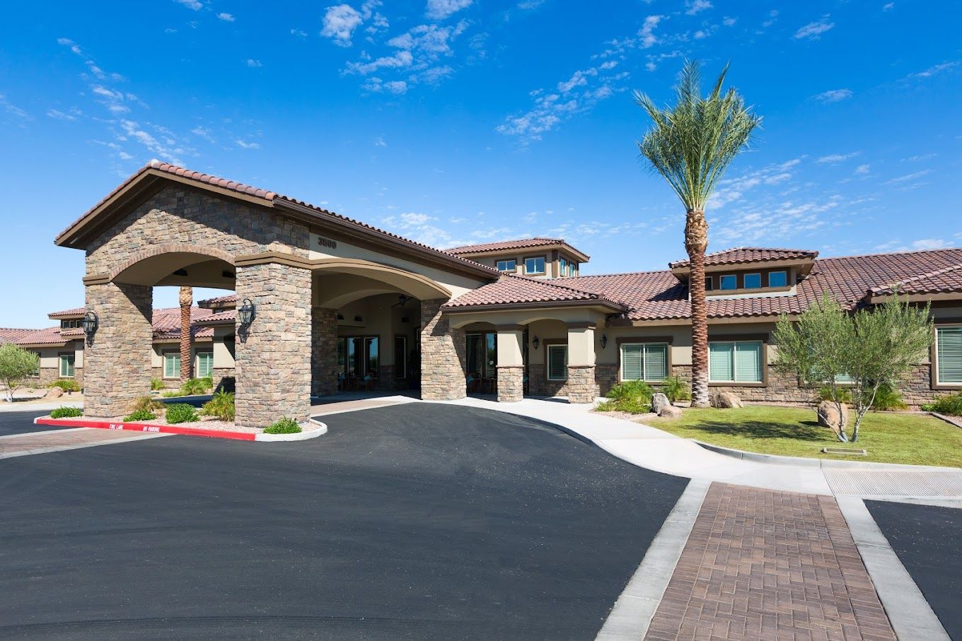 Exterior view of a senior living facility entrance