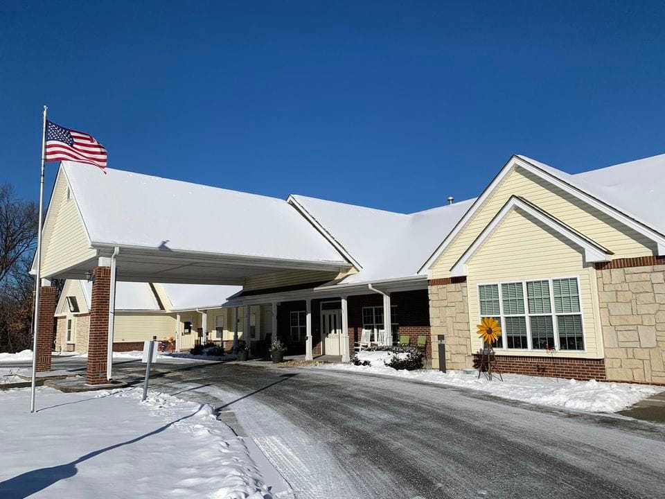 Exterior view of the Homestead of Osawatomie with snow.