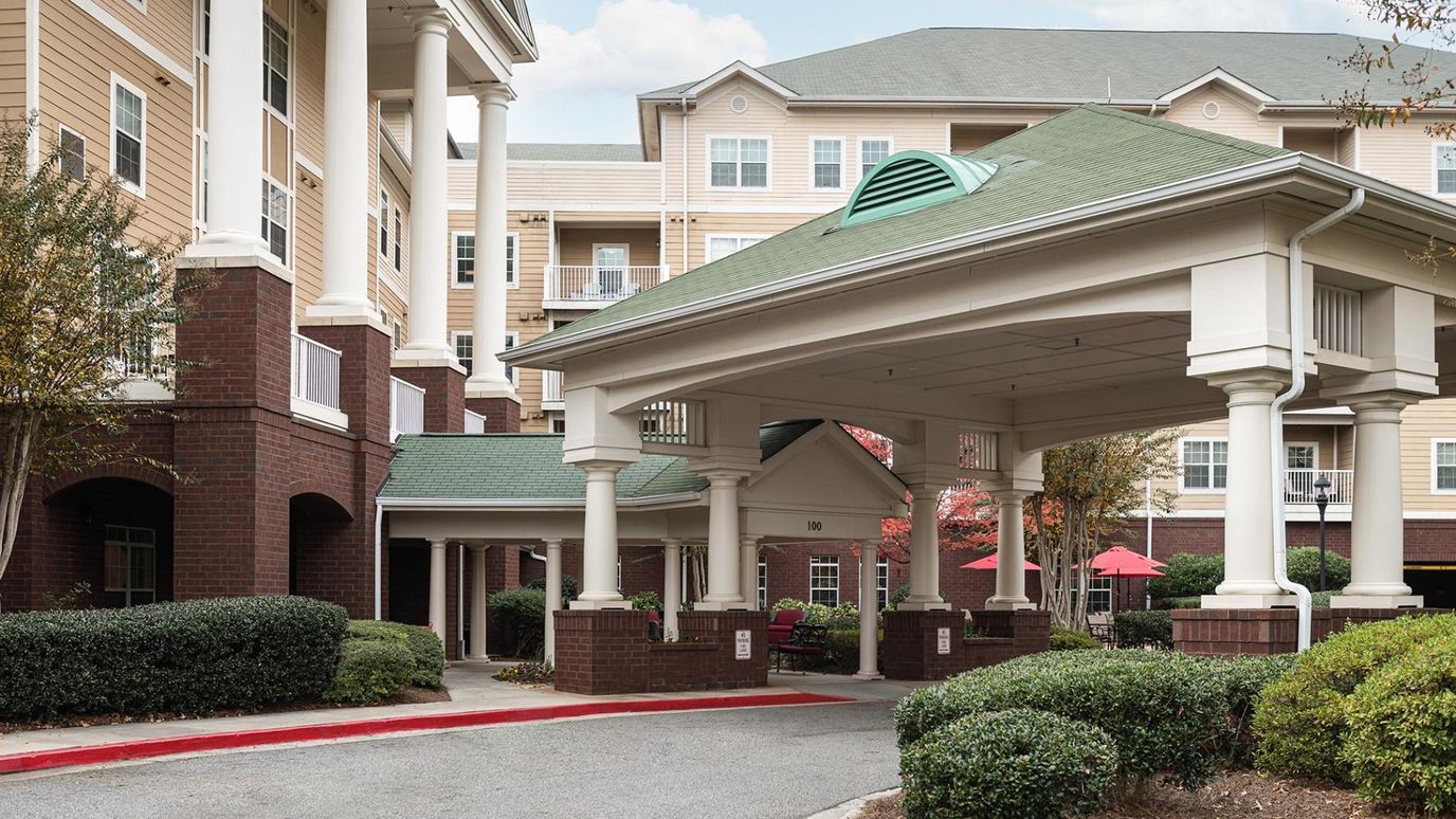 Exterior view of a senior living facility entrance