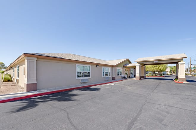 Exterior view of a senior living facility building