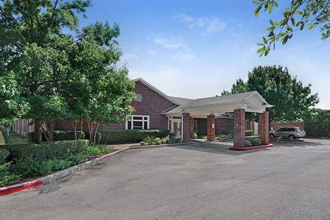 Exterior view of a senior living facility entrance