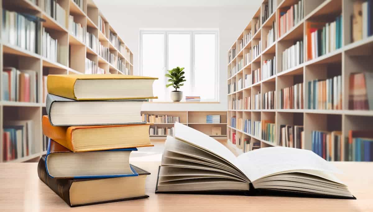 A stack of colorful books on a table in a library.