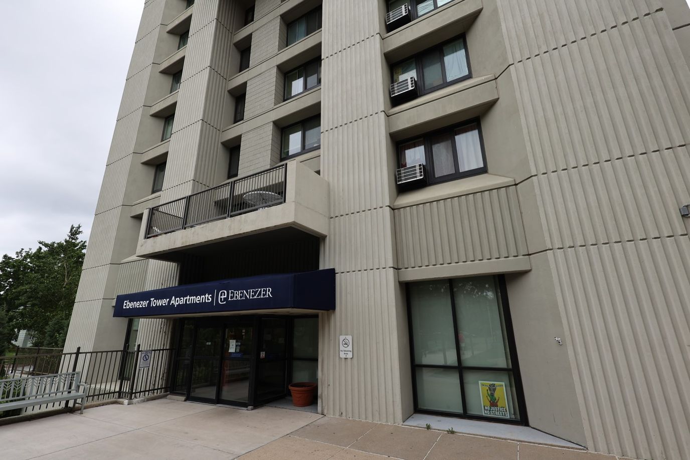 Exterior view of Ebenezer Tower Apartments building entrance