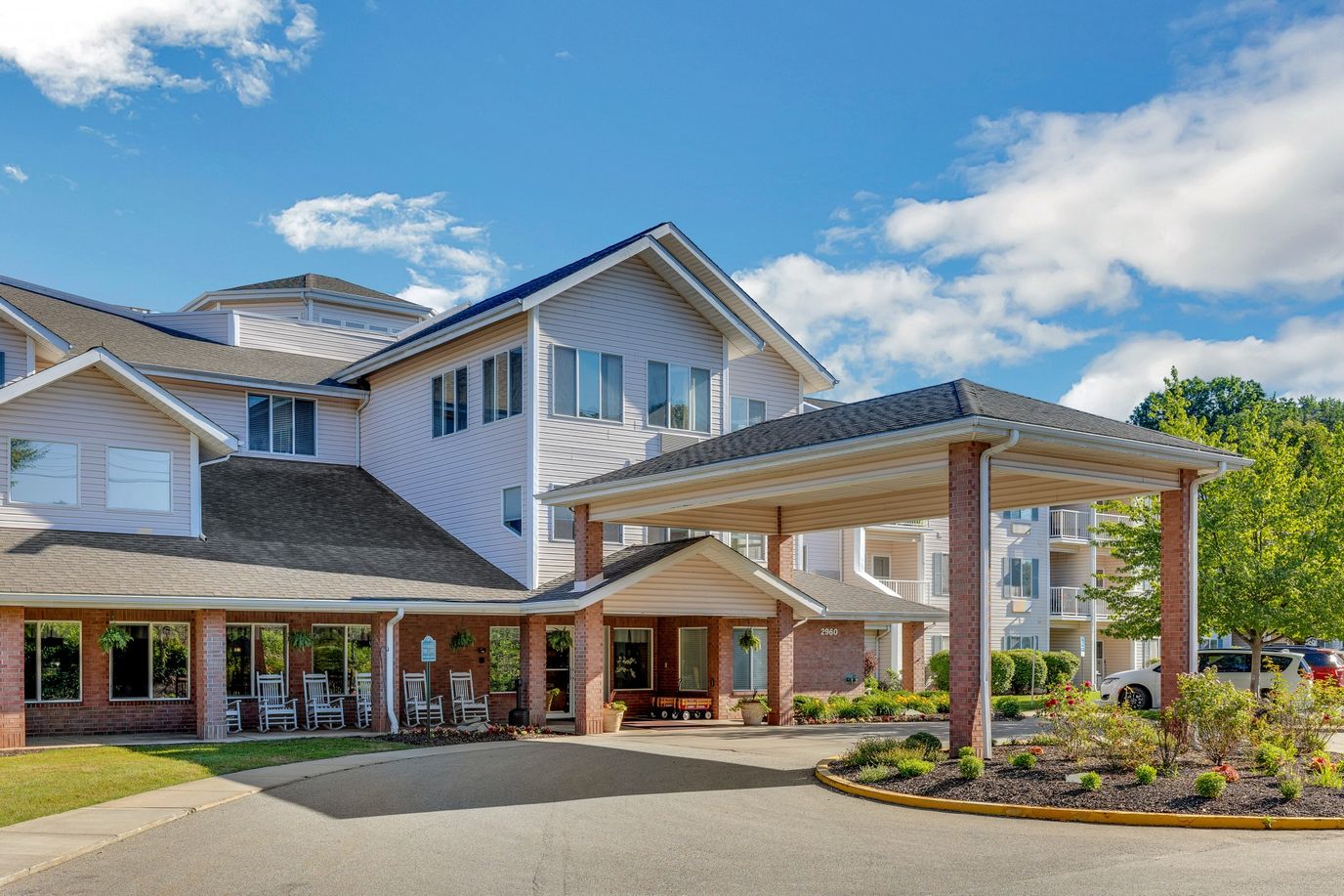 Exterior view of a senior living facility entrance
